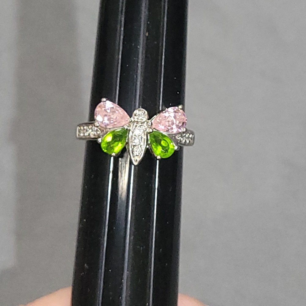 Vintage Kirks Folly Butterfly Ring Pink Green Crystals Size 10.5 Silver Tone